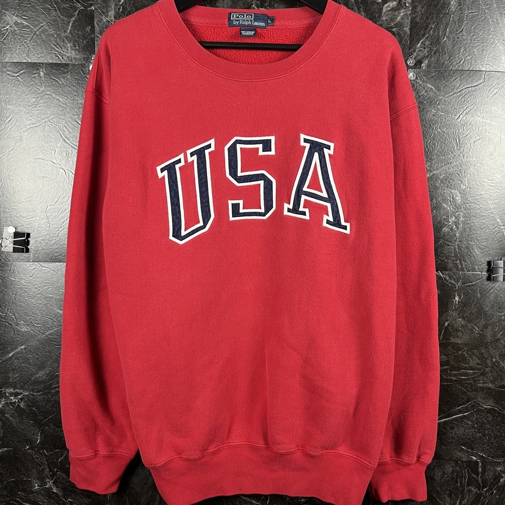 Polo Ralph Lauren Men's Red Vtg USA Fleece Sweatshirt Large